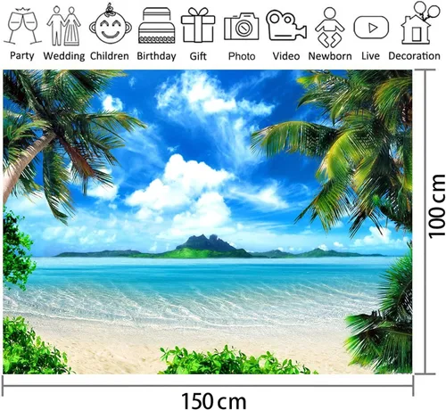 Miniatura 6 de Fondo de Fotografía Tropical Hawaiano Playa Palmera Cielo Azul y Nubes Blancas Decoración de Fiesta de Boda Telón de Fondo de Fotografía 5x3 pies