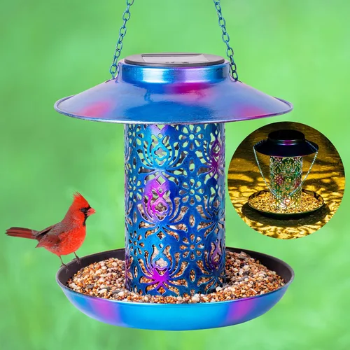 Ottsuls Comedero solar para pájaros para colgar al aire libre, farol de jardín de cardenales salvajes de metal con gancho en S, comedero para