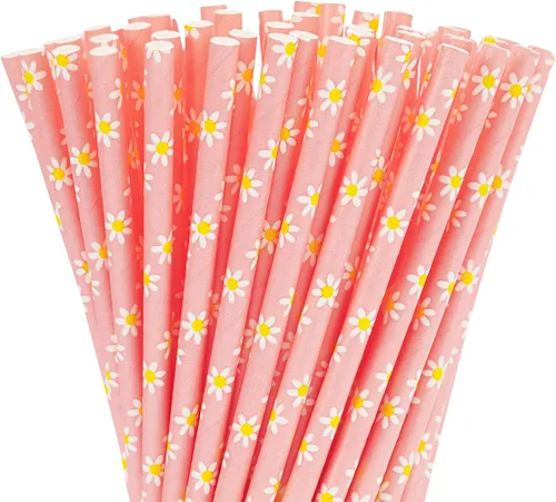Miniatura 8 de Whaline 100 popotes de papel desechables con diseño de flores verdes para primavera, verano, cumpleaños, baby shower, suministros de fiesta, jugos
