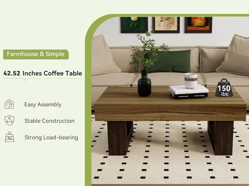 Miniatura 7 de Mesa de centro de granja, mesas centrales rectangulares de madera de 42 pulgadas con base gruesa, modernos muebles de té de cóctel bajos para sala
