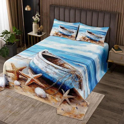 Miniatura 36 de Erosebridal Juego de colcha náutica, juego de edredón de lancha de vela, faro, acuarela con temática oceánica, juego de ropa de cama de verano