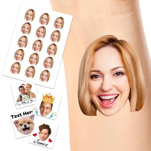 Tatuajes temporales personalizados, personaliza cualquier foto tatuajes para cumpleaños, boda, despedida de soltera, 1 juego de 15 tatuajes Patrón 9
