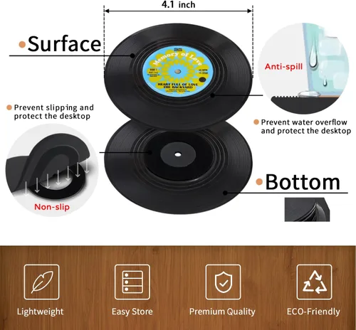 Miniatura 4 de Divertidos posavasos retro de discos para bebidas con soporte para reproductor de vinilo para amantes de la música, juego de 6 posavasos