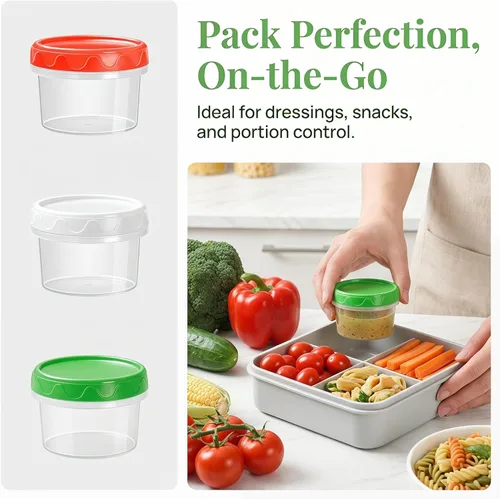 Miniatura 4 de EONJOE Recipientes de plástico de 2 onzas con tapas, recipiente pequeño para aderezo de ensalada para llevar, tazas para salsas y condimentos