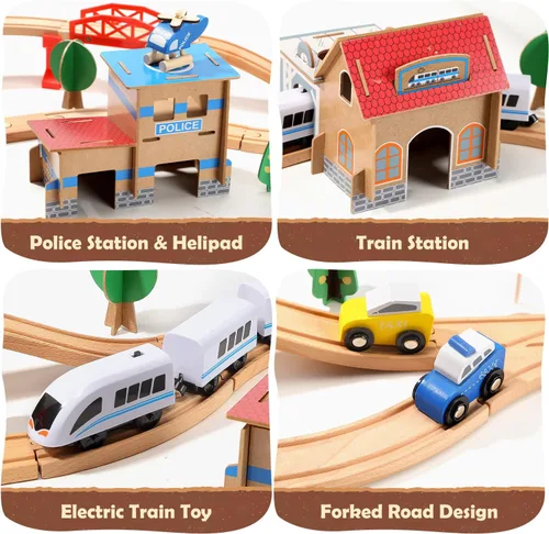 Miniatura 2 de Juego de tren eléctrico de madera para niños pequeños, 88 piezas de juguetes de vías de tren para 3, 4, 5 años, gran regalo de Navidad para niños