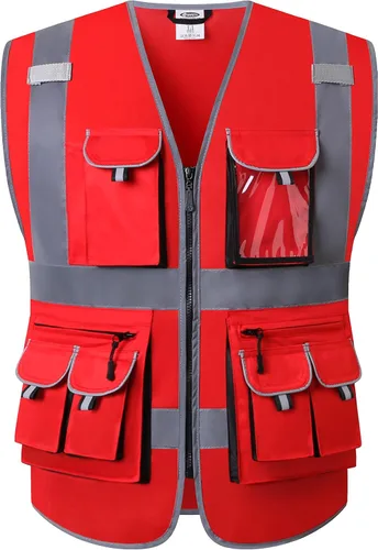 Miniatura 22 de JKSafety Chaleco de seguridad con 10 bolsillos, clase 2, de alta visibilidad, con cremallera frontal amarilla, con tiras reflectantes, cumple