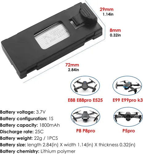 Miniatura 2 de 3 unids 3.7 V 1800 mAh Li-po batería para E88 E88PRO E88MAX E525 E99 E99PRO P1 P5PRO K3 S1 P8 BD101 RC Drone Batería de repuesto RC Quadcopter