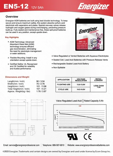 Miniatura 7 de Energizer EN5-12, 5 Amp Hr 12 V, batería recargable de plomo ácido sellada AGM de larga duración, ideal para uso en puertas de garaje, paneles