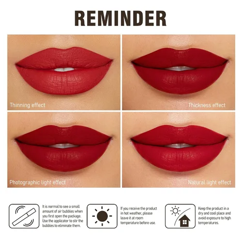 Miniatura 8 de Lápiz labial rojo de larga duración, pintalabios líquido mate para mujeres sin transferencia, a prueba de manchas, suave y fácil de aplicar