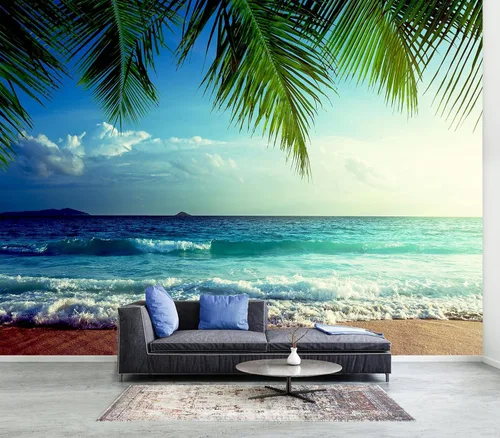 Mural de papel tapiz grande con escena de playa, ondas al atardecer, murales de pared para baño, sala de estar, dormitorio (no es autoadhesivo)