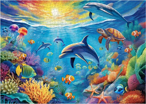 Rompecabezas del mundo oceánico para adultos de 1000 piezas, rompecabezas del mundo submarino de delfines de tortuga marina, rompecabezas de