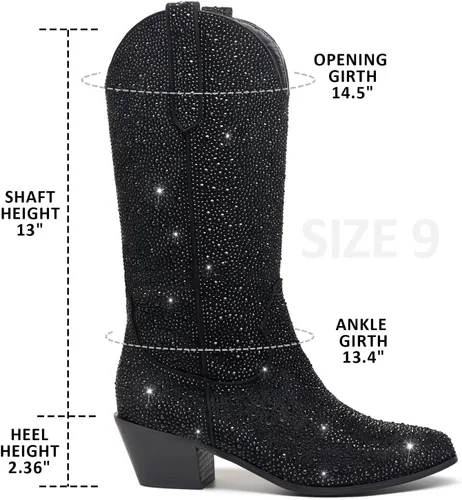 Miniatura 3 de RKQ Rhinestone Cowboy Boots for Women Wide Calf Sparkle Western Cowgirl Boots Vintage Pointed Toe Pull-UP Tabs Block Stacked Heel 5cm Wedding Party