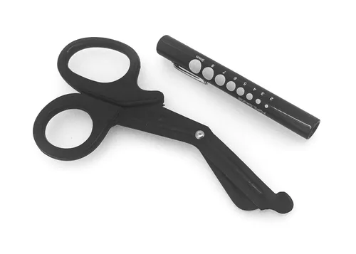 SURGICAL ONLINE Tactical Black - Juego de 2 tijeras de primera respuesta EMT negras de 7.5 pulgadas + luz negra para bolígrafo, ideal para todo tipo