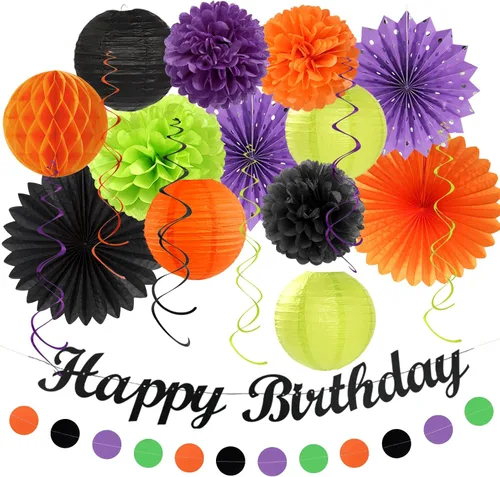 Miniatura 10 de Paquete de decoración de fiesta de cumpleaños para mujeres y hombres - 21 piezas. Banner feliz, papel de banderines, linternas de panal, pompones