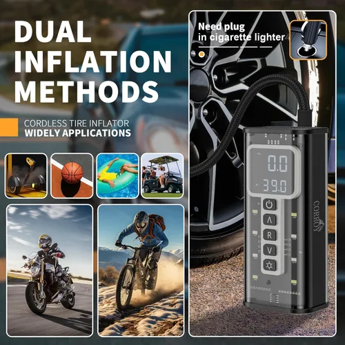 Miniatura 7 de Inflador de neumáticos Corroy Compresor de aire portátil, inflador de neumáticos inalámbrico de 150 PSI con indicador digital y luz LED, bomba