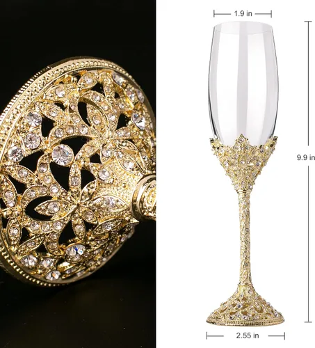 Miniatura 3 de Copas de champán doradas, base de metal de cristal con piedras de cristal, juego de 2 pares de flautas de tostado, boda, aniversario, fiesta