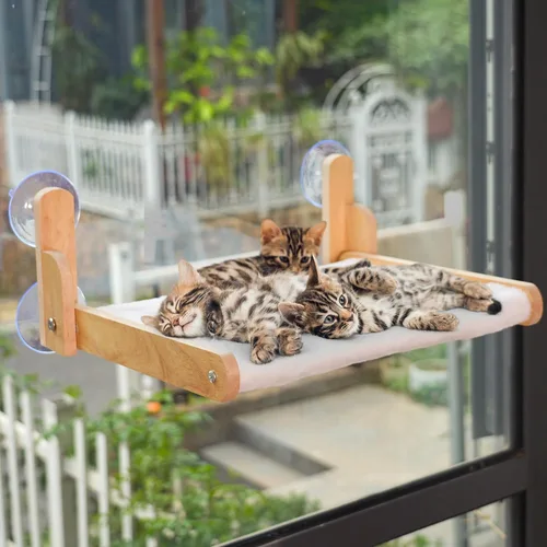 Miniatura 8 de Percha de Ventana para Gatos con Marco de Madera – Cama Hamaca Plegable para Gatos Aloxina para Gatos de Interior, Cubierta de Piel de Conejo Suave