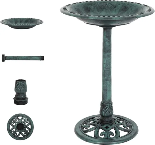 VINGLI Fuente para pájaros silvestres, con pátina verde, resistente a la intemperie, pedestal de resina, con escultura antigua, decoración de jardín