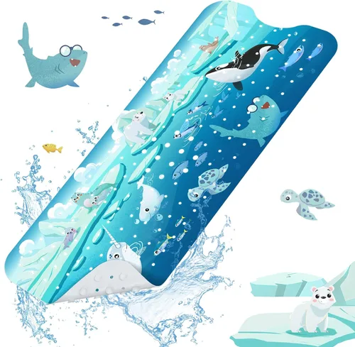 Miniatura 9 de SHUCHING Alfombra de baño para bebé con huellas de manos para bañera antideslizante de 40 x 16 pulgadas, tapete de baño para niños pequeños, tapete