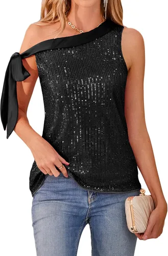 Kate Kasin Camisetas de lentejuelas para mujer, con purpurina, un hombro, sin mangas, con lazo, nudo de lazo, sexy, para fiesta