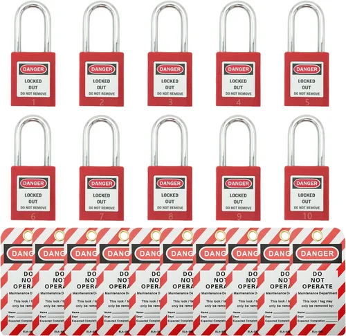 Miniatura 9 de SAFBY Loto - 7 candados de bloqueo diferentes con llave con 10 etiquetas de bloqueo, candados seguros para estaciones y dispositivos con 7 números