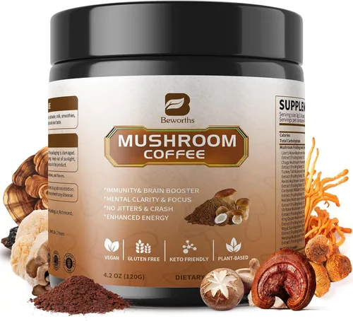 Miniatura 10 de B BEWORTHS Café en polvo de hongos con aceite MCT, 10 hongos melena de león, cola de pavo, reishi, cordyceps y chaga - Café instantáneo de hongos