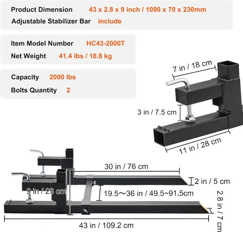 Miniatura 7 de VEVOR Horquillas para Palés, Horquillas para Palés con Abrazadera de 2000 Libras de 43" de Longitud Total, Horquillas de Cucharón de Tractor