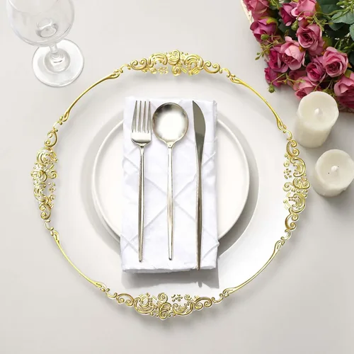 Miniatura 7 de Tableclothsfactory Paquete de 6 platos barrocos redondos de oro transparente de 13 pulgadas, borde en relieve de hojas para decoración de mesa
