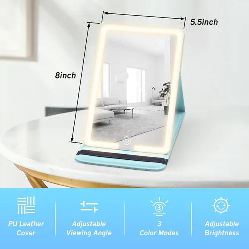 Miniatura 6 de Espejo de maquillaje de viaje con luces, espejo cosmético con luz LED con funda de piel sintética, batería recargable de 1500 mAh, 3 modos de luz