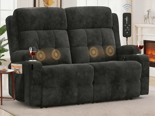 Miniatura 9 de Sofá reclinable de dos plazas, sofá reclinable de masaje de gran capacidad, silla de dos plazas para RV con espacio de almacenamiento, portavasos