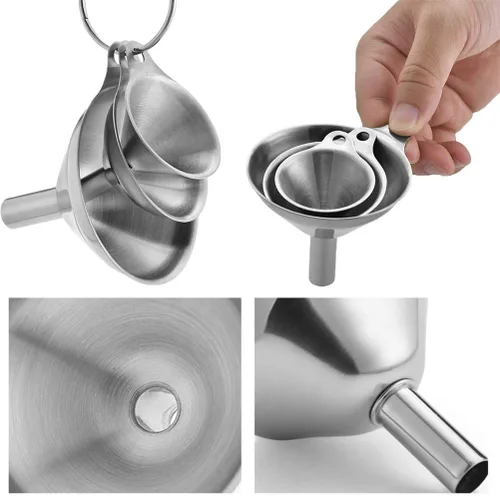 Miniatura 4 de Embudo de metal de acero inoxidable, juego de 3 embudos de tamaño grande, mediano y pequeño, embudos de cocina de grado alimenticio en miniatura