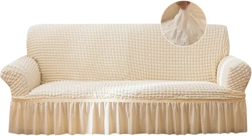 Miniatura 14 de Jeloris Funda Protectora Elástica para Sofá de Dos Plazas de Fácil Ajuste con Falda, Protector de Muebles Universal Duradero Lavable de Alta Beige