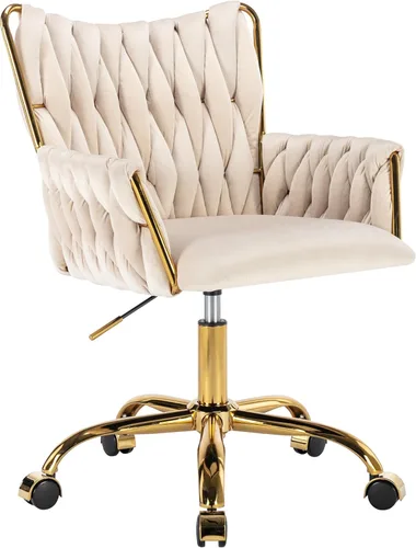 Westice Silla de Escritorio de Terciopelo, Silla Cómoda Dorada para Oficina en Casa con Respaldo Tejido a Mano, Silla Giratoria de Altura Ajustable