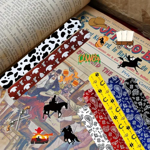 Miniatura 6 de CZWXOXO 74 piezas de recuerdos de fiesta de vaquero occidental, 24 pulseras de vaquero occidental, 50 calcomanías de vaquero occidental