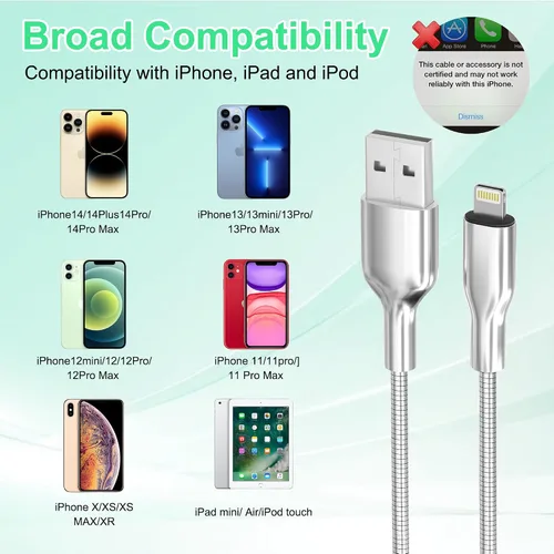 Miniatura 9 de Cable USB a Lightning de 6.6 pies a prueba de mordidos, cable de carga para iPhone a prueba de perros y gatos, cable de carga para iPhone plateado