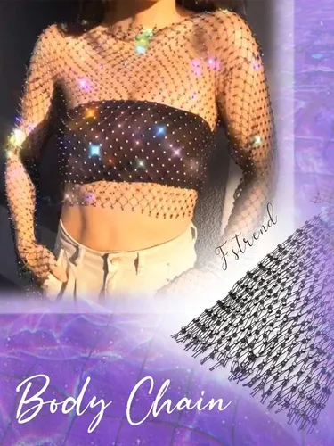 Miniatura 2 de Fstrend Cadena de malla de cristal con diamantes de imitación, parte superior corta negra, manga larga, bikini transparente, A