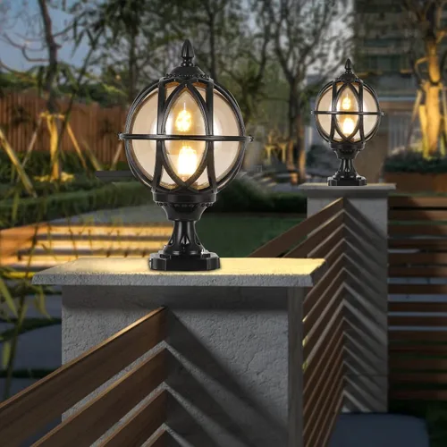Miniatura 7 de Lámpara de poste para exteriores, base E26 de 60 W máx. Luces de columna con carcasa de aluminio negro más vidrio ámbar IP55 impermeable linterna