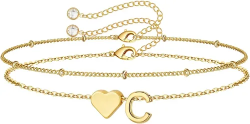 Miniatura 22 de M MOOHAM Pulseras de oro con inicial de corazón para mujer, pulseras con dije de letra A-Z de corazón dorado en capas para mujer, pulseras