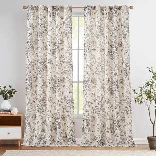 Miniatura 84 de Jinchan Cortinas de Mezcla de Lino con Estampado Floral para Sala de Estar, 84 Pulgadas de Largo, Cortinas con Bolsillo para Varilla y Tab Trasera