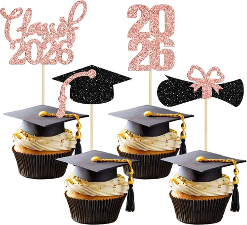 Miniatura 45 de 24 piezas 2026 decoraciones para cupcakes de graduación 2026 con purpurina clase de 2026 para graduación de graduación para felicitaciones 2026