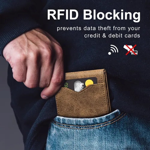 Miniatura 4 de GSOIAX Billetera delgada para hombre minimalista de cuero genuino fibra de carbono con bloqueo RFID de cuero vacuno plegable con caja de regalo