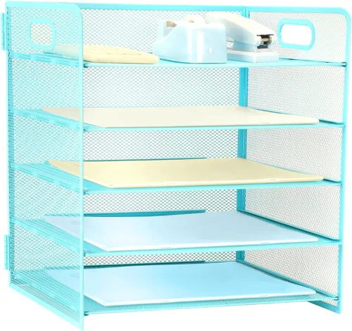 Miniatura 11 de Organizador de 3 niveles con asa, organizador de archivos de escritorio de malla metálica con bandejas deslizantes, escritorio clasificador de papel