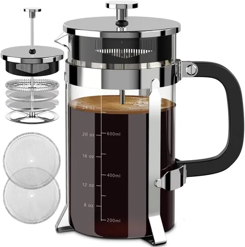 Miniatura 17 de QUQIYSO Cafetera de prensa francesa de acero inoxidable 304 con 4 filtros, resistente al calor, duradera, fácil de limpiar, prensa de café de vidrio