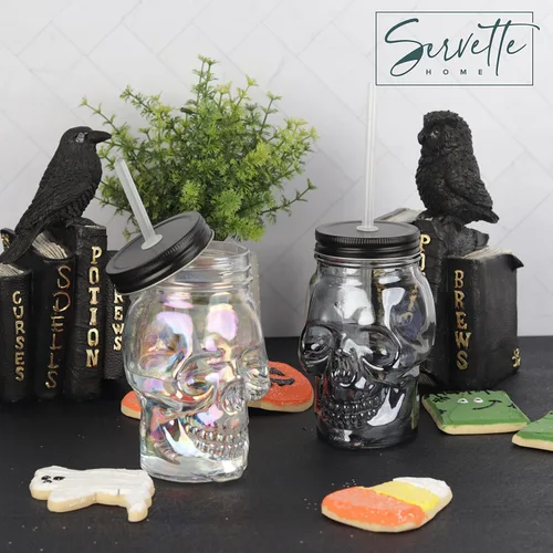 Miniatura 2 de Servette Home Vaso de 18 onzas con popote reutilizable y tapa a prueba de fugas, vaso de calavera de cristal, iridiscente
