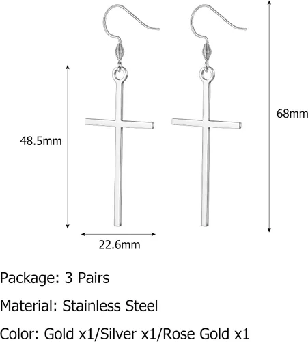 Miniatura 2 de HAIAISO 3 pares de aretes de cruz de acero inoxidable clásicos de oro rosa, plata y cruz colgantes, joyería de cruz minimalista para mujer
