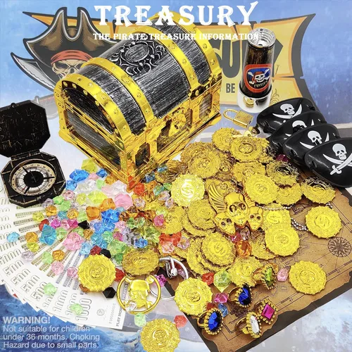 Miniatura 2 de Juego de 182 piezas de cofre del tesoro pirata con marco dorado para niños, con candado, mapa, monedas, aretes, anillos, parche para ojos, brújula