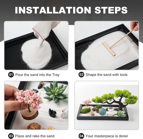 Miniatura 7 de Kit de jardín Zen para decoración de escritorio - Juego de caja de jardín Zen de arena mini japonés premium hermoso para el hogar, oficina