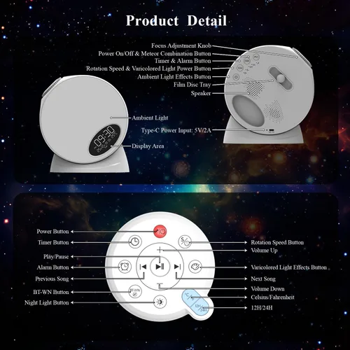 Miniatura 7 de Proyector Galaxy Pro para dormitorio, proyector de estrellas planetario 13 en 1, luz nocturna con temporizador y ruido blanco, control remoto, reloj