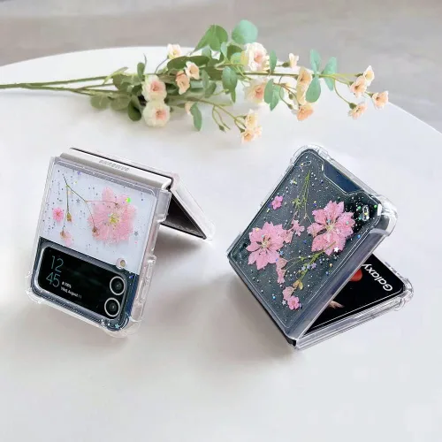 Miniatura 6 de Abbery Funda transparente para Samsung Galaxy Z Flip 3 5G, transparente y con diseño de purpurina bonita con purpurina floral prensada de Rosa