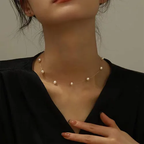 Miniatura 3 de Gargantilla bohemia con hebras de perlas invisibles, cadena satélite de perlas pequeñas, collar de perlas barroco, collar de perlas con cuentas